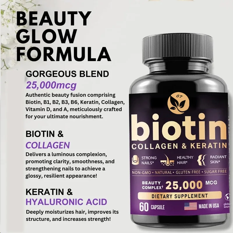 Biotin Contains 60 Capsules Of Hyaluronic Acid, Collagen, And Keratin For Nails And Skin, As Well As Vitamins, B1,b2,b3,b6,b7