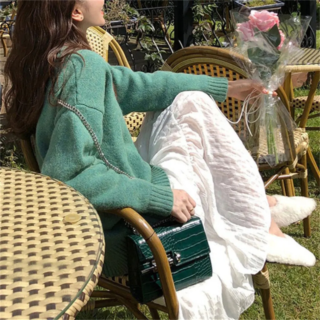 

Korean Style Women's round Neck Sweater Autumn Winter Loose Retro Solid Color Soft Glutinous Pullover All-Match Fashion Top