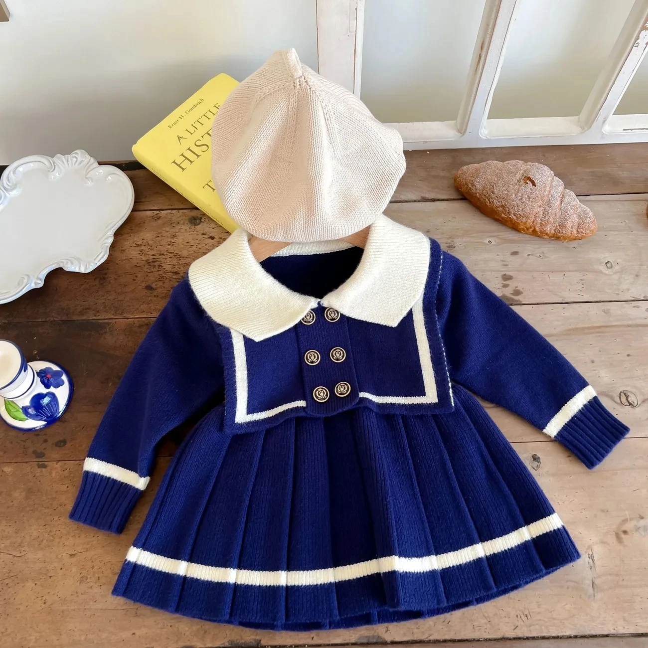 Girls\' Autumn Dress Navy Style Dress Spring and Autumn Baby Fashion Princess Pleated Dress Children\'s Knitted Dress