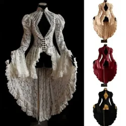 European and American Retro Style Court Party Lace Clothing Formal Court Style Patchwork Stand Up Collar Dress Flared Sleeves