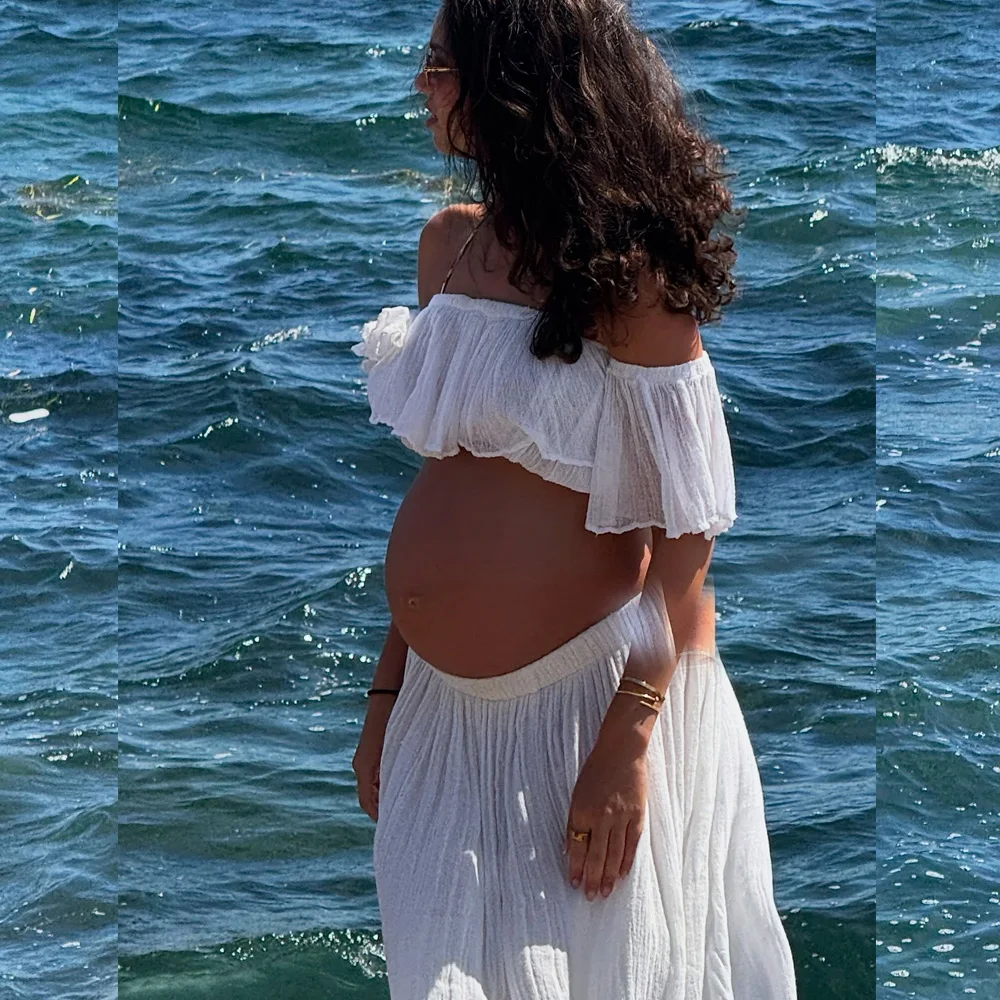 Off Shoulder White Ppure Cotton Maternity Photoshoot Dress Comfortable Cotton Fabric Pregnancy Gown Outdoor Maternity Outfit view 4