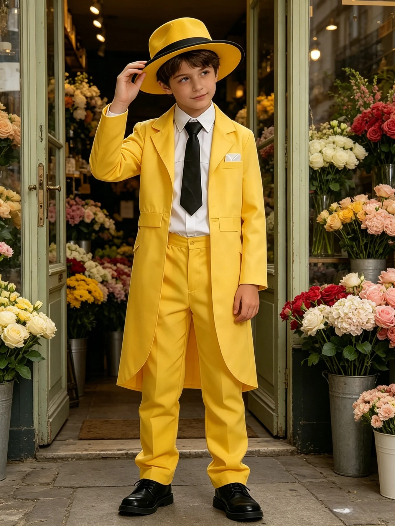 Boys yellow tailcoat costume set with long coat, vest, trousers and hat for Halloween role‑play.