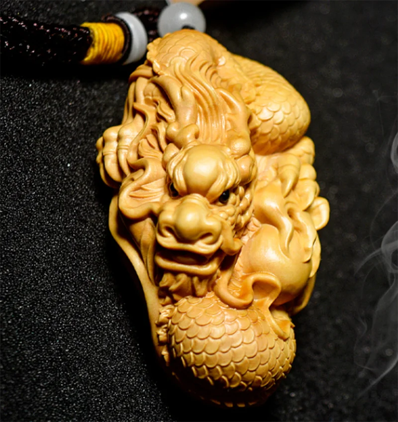 8 CM Zodiac Dragon Baby Pendant Hand Carved Boxwood Figurine Carving Wealthy Pi Xiu Head Netsuke Feng Shui Sculpture - #W117