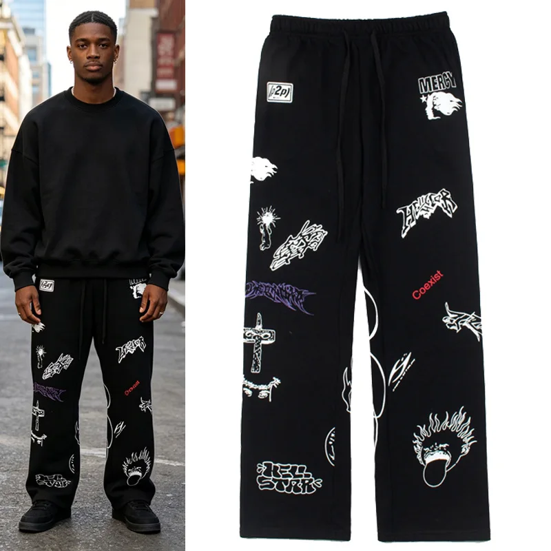 HELLSTAR American High Street Streetwear Hell Graffiti Letter Cartoon Print Loose Sweatpants Jogger Pants Men Women