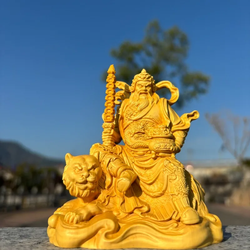 Hand-Carved Boxwood Zhao Gongming Riding Tiger Statue - 3.9