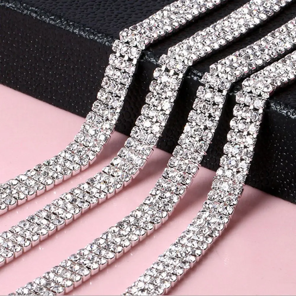 Applique Clear Silver Beautiful Sparkling Chain 1-row 2-row 3-row Trim Rhinestone 1 Yard Crystal