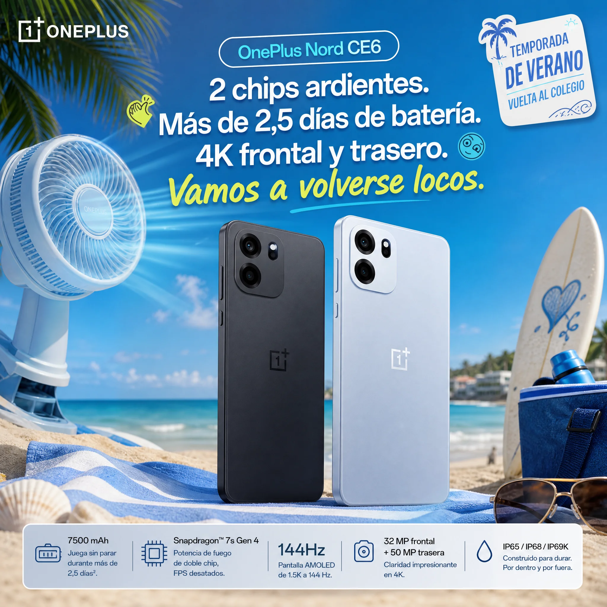 Teléfono – OnePlus Nord CE6 5G, Chip Snapdragon™ 7s Gen 4 y 144 FPS, 7500mAh , Pantalla 1.5K AMOLED 144Hz de 3600nits, Cámara 50MP con OIS y frontal 4K, Doble IA, Resistencia IP66/68/69/69K, OxygenOS 16, 6 años de fluidez 3