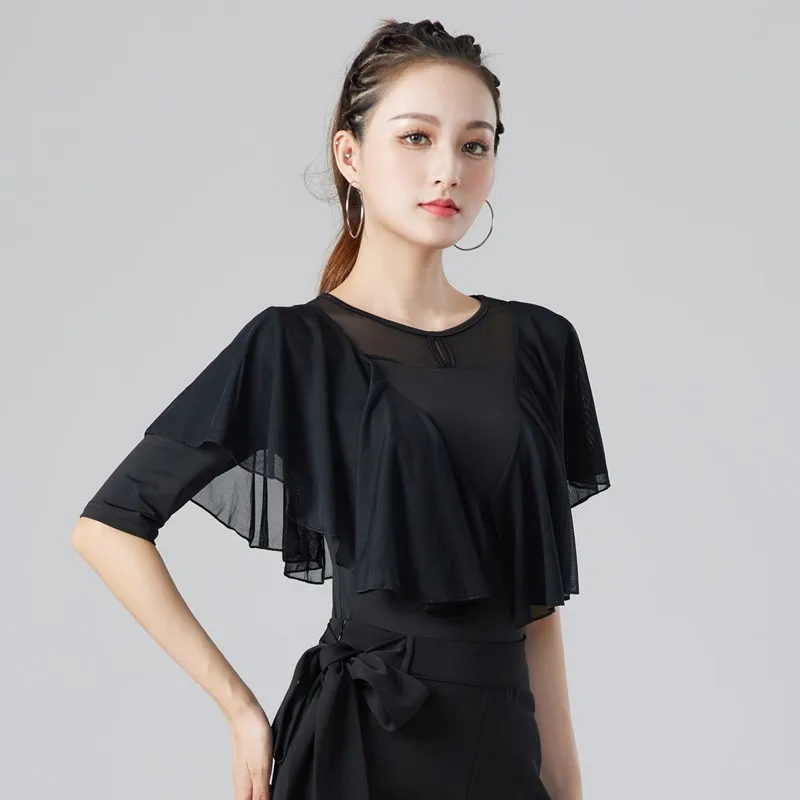 2024 Summer Latin Dance Costume Female Adult Dance Middle Sleeve Mesh Modern Dance Practice Dress Social Dance Top Dance Dress