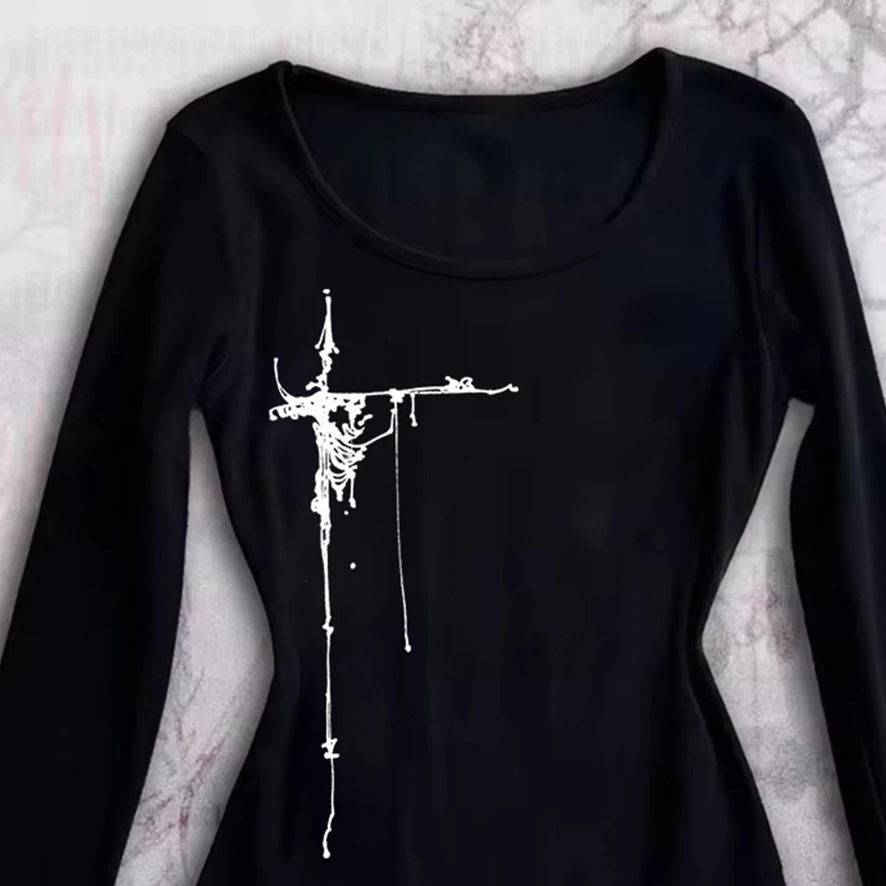 T-shirt manches longues col rond femme, Vintage, imprimé graphique, Slim Fit, haut court, Emo, Streetwear, Y2K, Grunge, années 2000