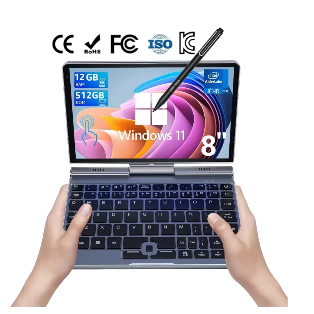 Hot Selling 8 Inch Mini Laptop HD Touchscreen Portable 2-in-1 Computer Win 11 Pro Small Laptop for Business and Students N100