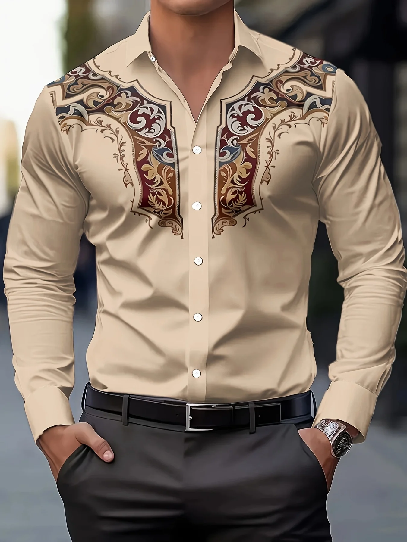 Retro ethnic minimalist print men's long-sleeved shirt, loose casual street style top, comfortable and fashionable shirt