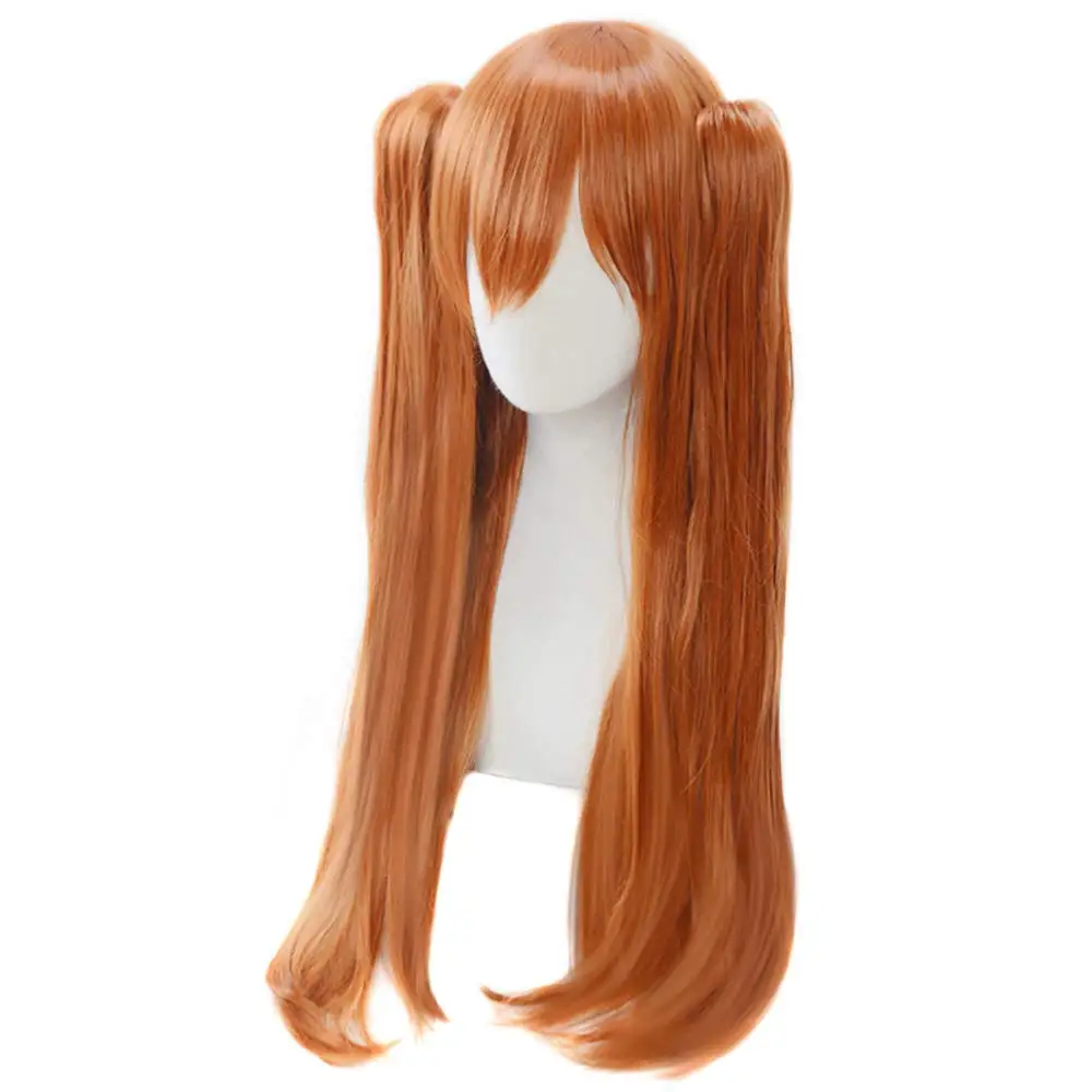 Damska długa pomarańczowa peruka do cosplay z 2 odpinanymi kucykami proste włosy pomarańczowe peruki z włókna wysokotemperaturowego anime