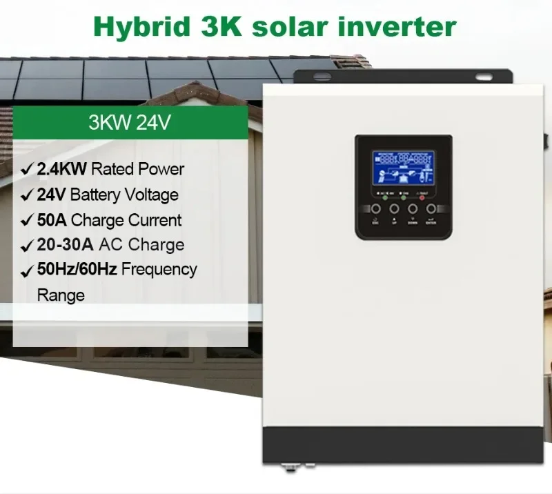 2.4KW Hybrid Inverter 24V 3KVA Solar Inverter Pure Sine Wave MPPT PWM 70A 80A 230VAC 50Hz/60Hz Inversor