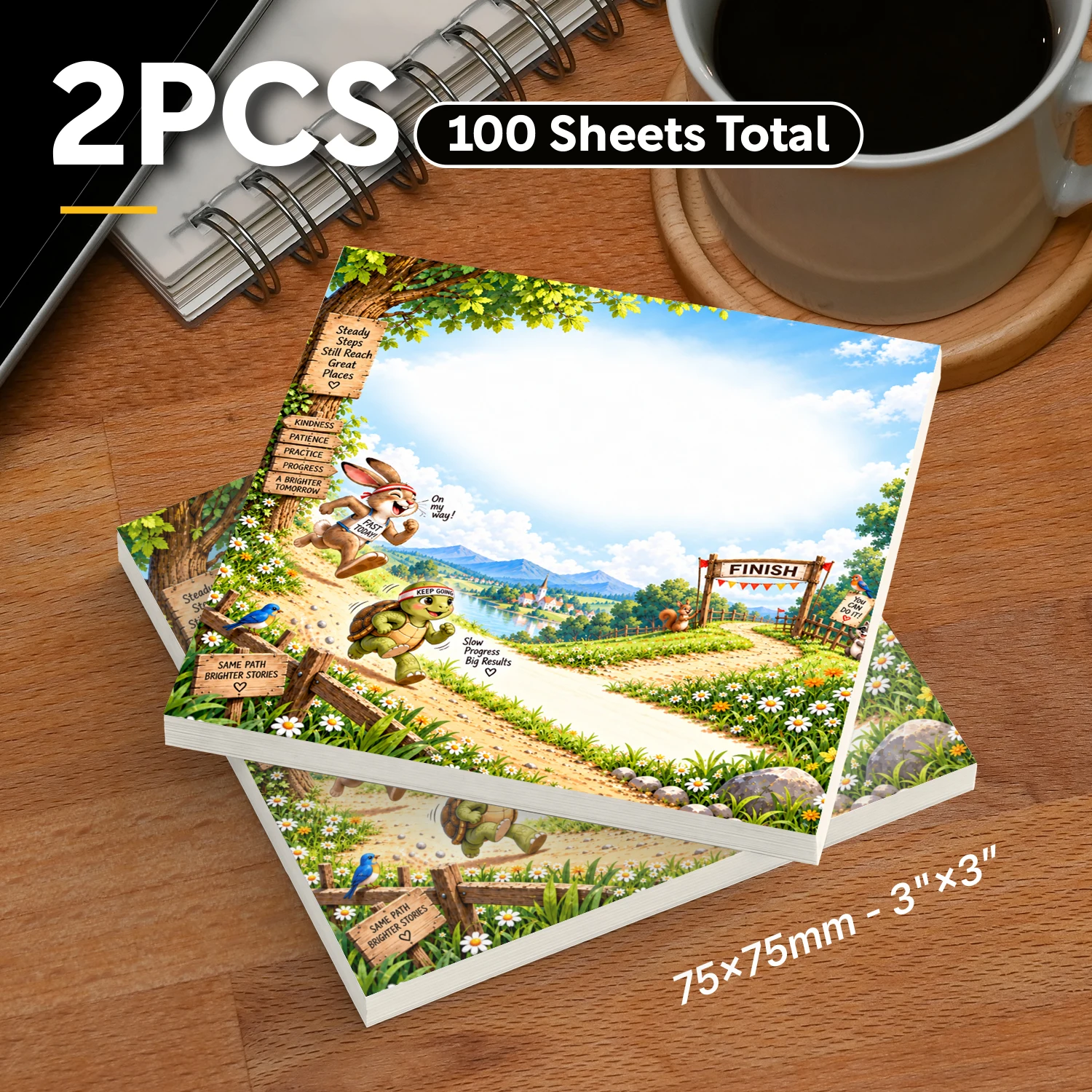2PCS Tortoise and Hare Sticky Notes 100 Sheets Slow Progress Big Results Cute Animal Race Memo Pads Office School Stationery