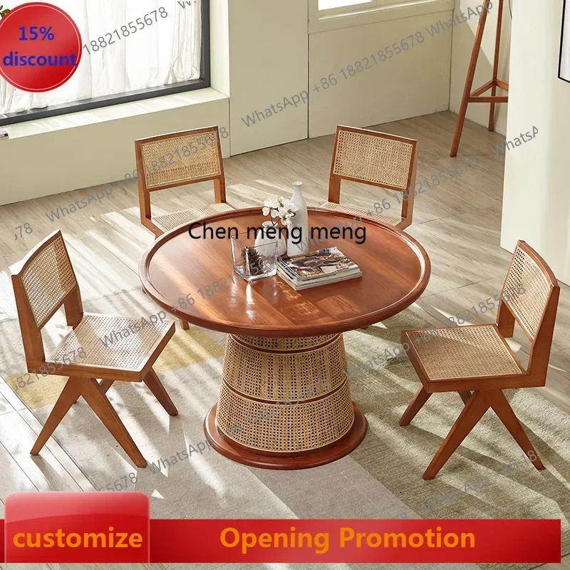D5556 s6601 Solid wood rattan round table household small apartment round dining table wabi sandy wind log table and chair combi
