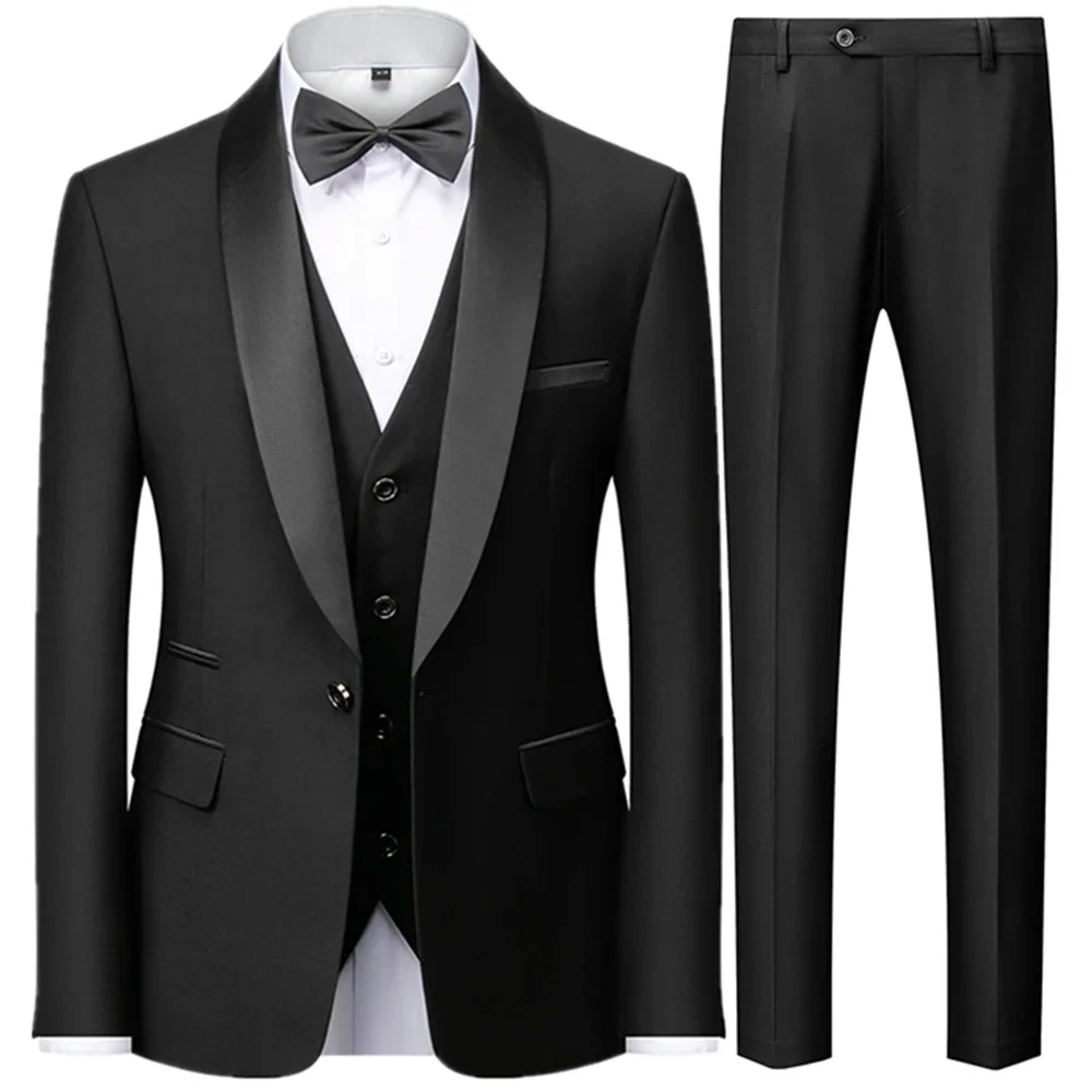 Men\'s British Style Slim Suit 3 Piece Set Jacket Vest Pants / Male Business Gentleman High End Custom Dress Blazers Coat  S-6XL