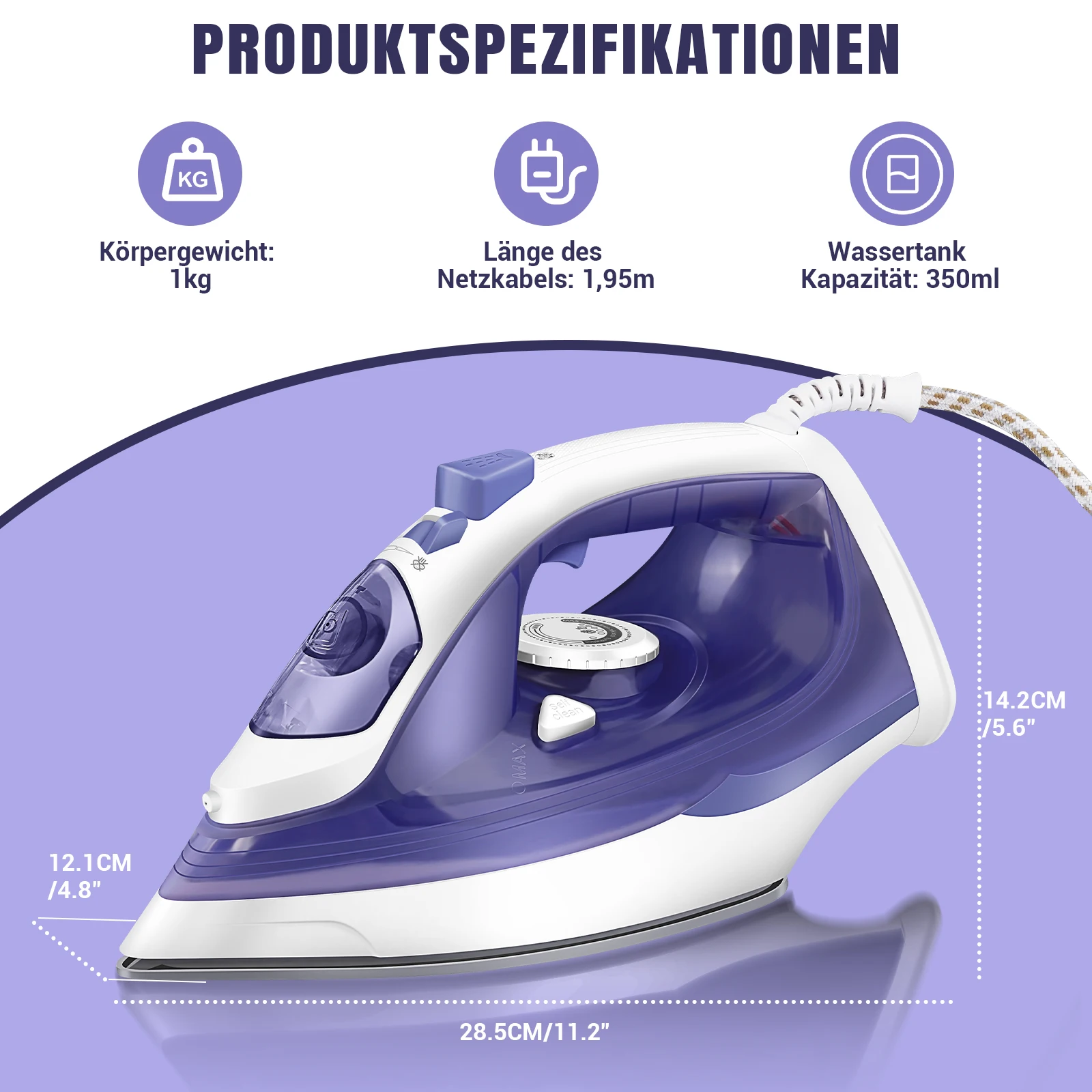 مكواة بخار محمولة بقدرة 3000 وات من BRIEFNESS، خزان 350 مل، قاعدة غير لاصقة، ترموستات قابل للتعديل، مضادة للتنقيط/مضادة للميزان، المنزل/السفر