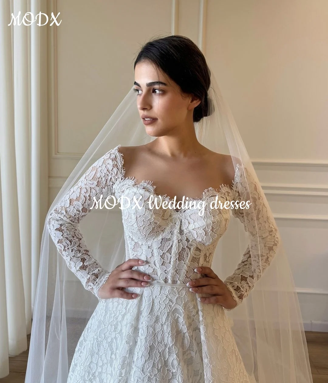 MODX فستان زفاف رائع من الدانتيل الأبيض كلمة على شكل قلب ثلاثية الأبعاد زهرة كم طويل فستان زفاف رسمي vestidos de novia مخصص