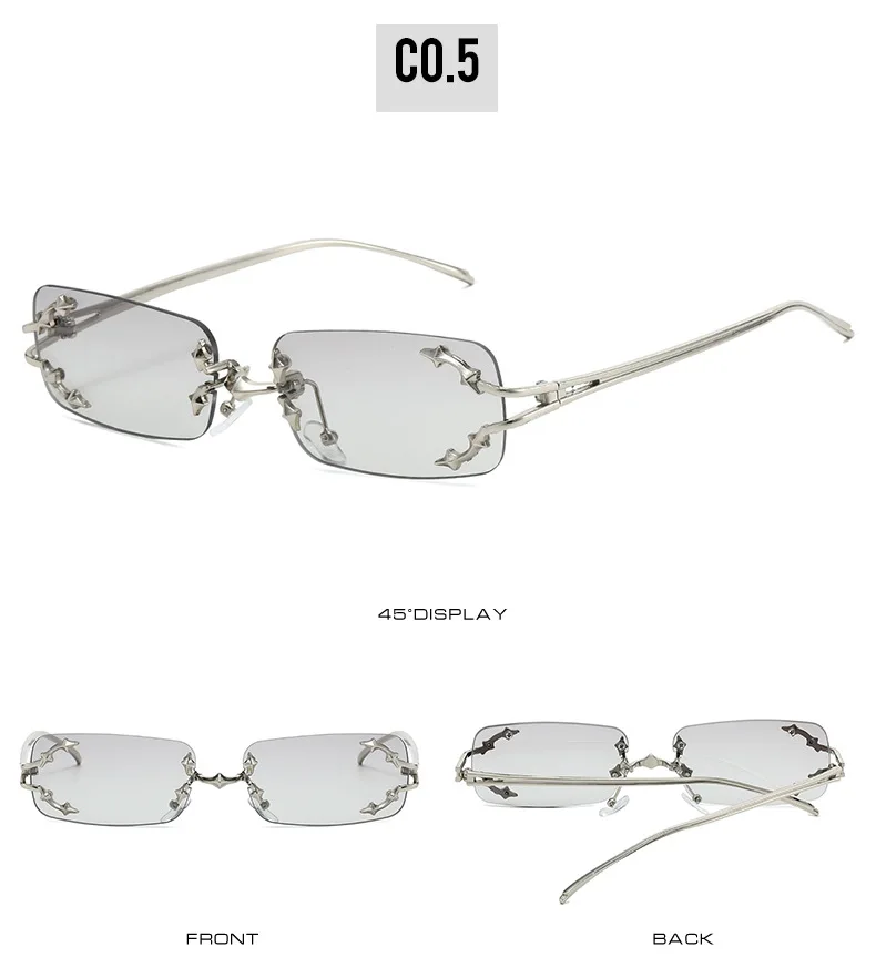 Neue Randlose Sonnenbrille für Damen Rechteckig Stylisch Y2K Persönlichkeit Markendesigner UV400 Schutz Coole Metall-Sternenexplosion-Dekoration – Detail 10