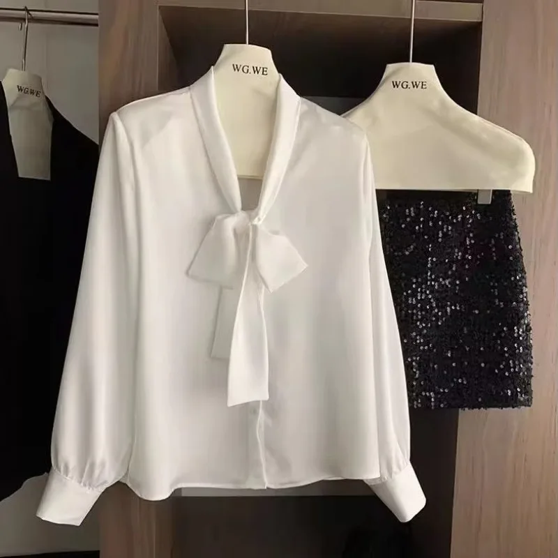 

Fashionable Streamers Gentle Bows Double-sided Satin Shirts Professional Commuting Inner Wear Long-sleeved Tops For Women