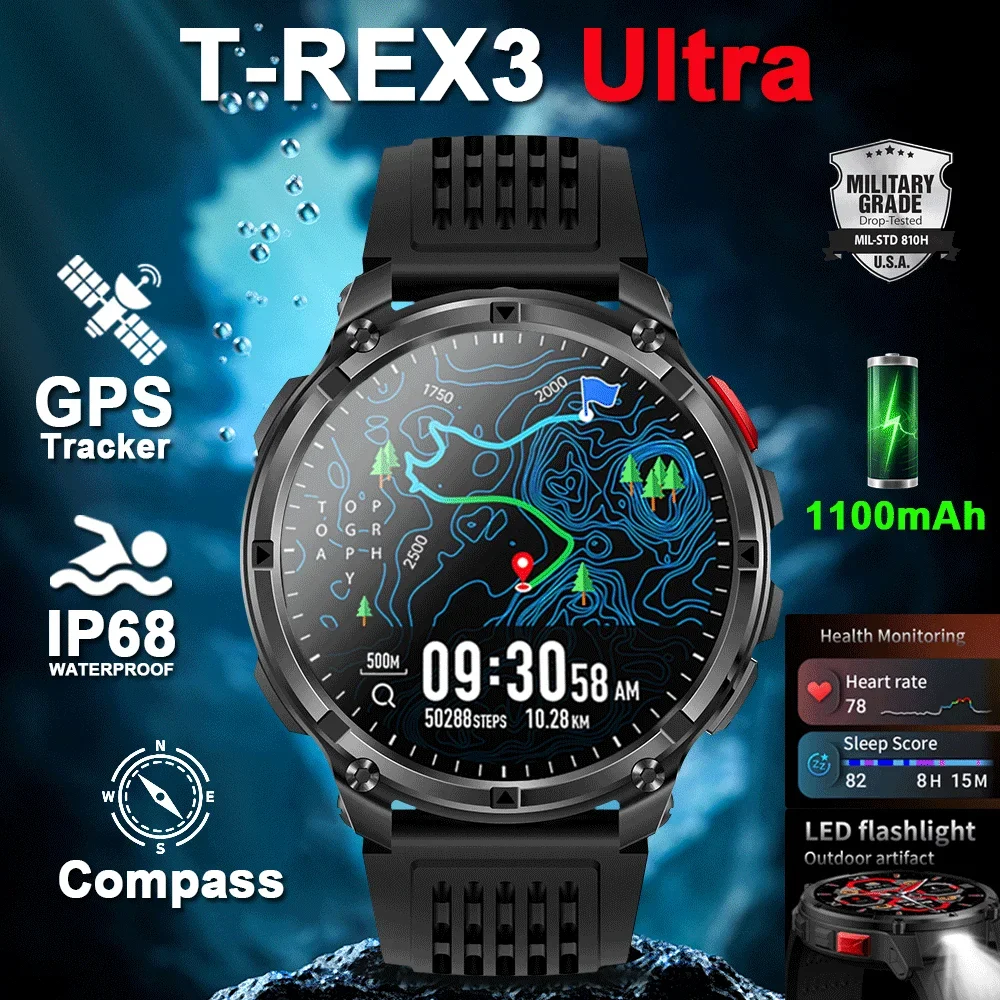 

Новые умные часы T-Rex3 Ultra с аккумулятором 1100 мАч, встроенный GPS-компас, IP68, водонепроницаемый спортивный трекер, военные умные часы на открытом воздухе