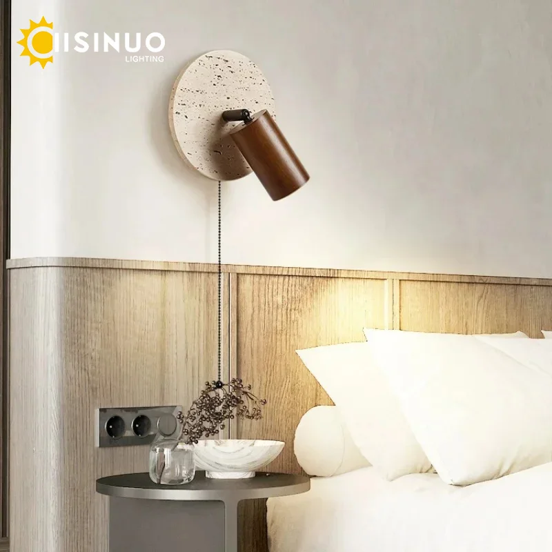 Wabi-sabi Beside LED Wall Lamp Natural Yellow Stone Reading Light Rotatable with Pull Switch Walnut Scones for Home Corridor Dec