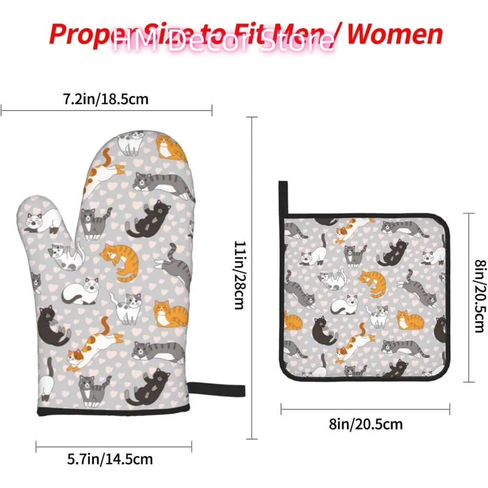 Cute Cat Kitten Oven Mitts and Pot Holders Set of 4, Oven Mittens and Potholders Heat Resistant Gloves for Kitchen Cooking Bakin