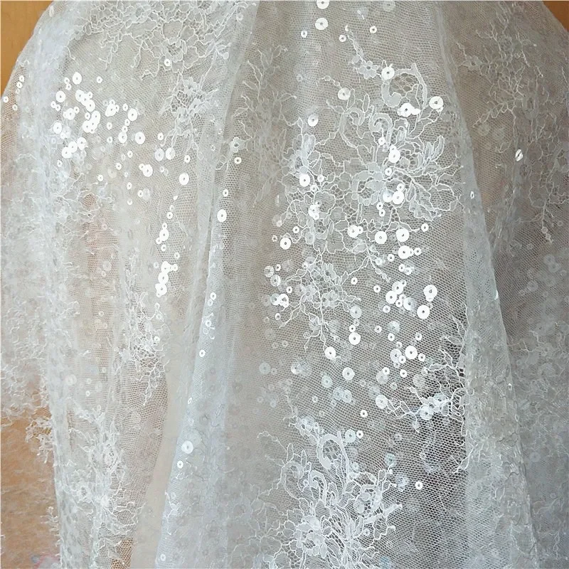 1Yard New French Sequined Lace Fabric Border Embroidery Flower Wedding Dress DIY Sewing Accessories RS2507