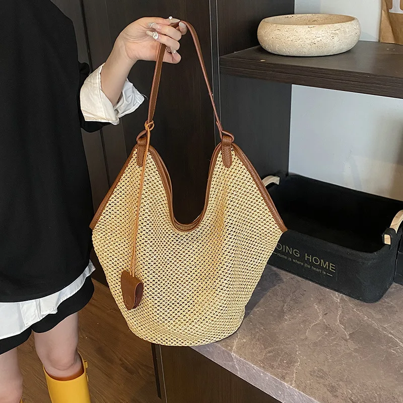 

2025 Retro Woven Straw Tote Bag Large Capacity Simple Shoulder Purses Women's Handbag Vacation Travel Shopping Pouch Beach Bag