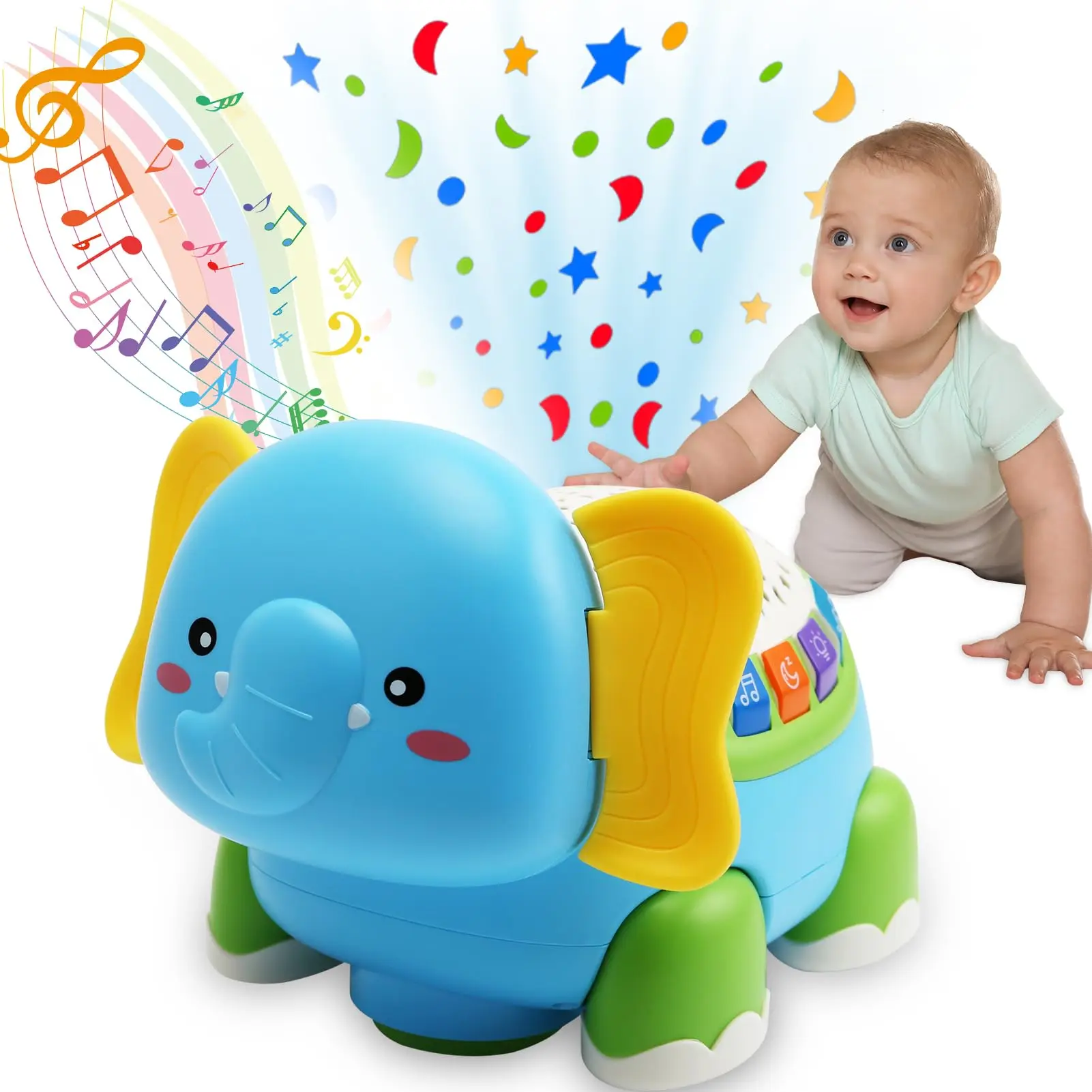 

Baby Crawling Interactive Elephant Toys for 3-12 M Star Projector Light Up Tummy Time Toys with Music Infant Educational Toy