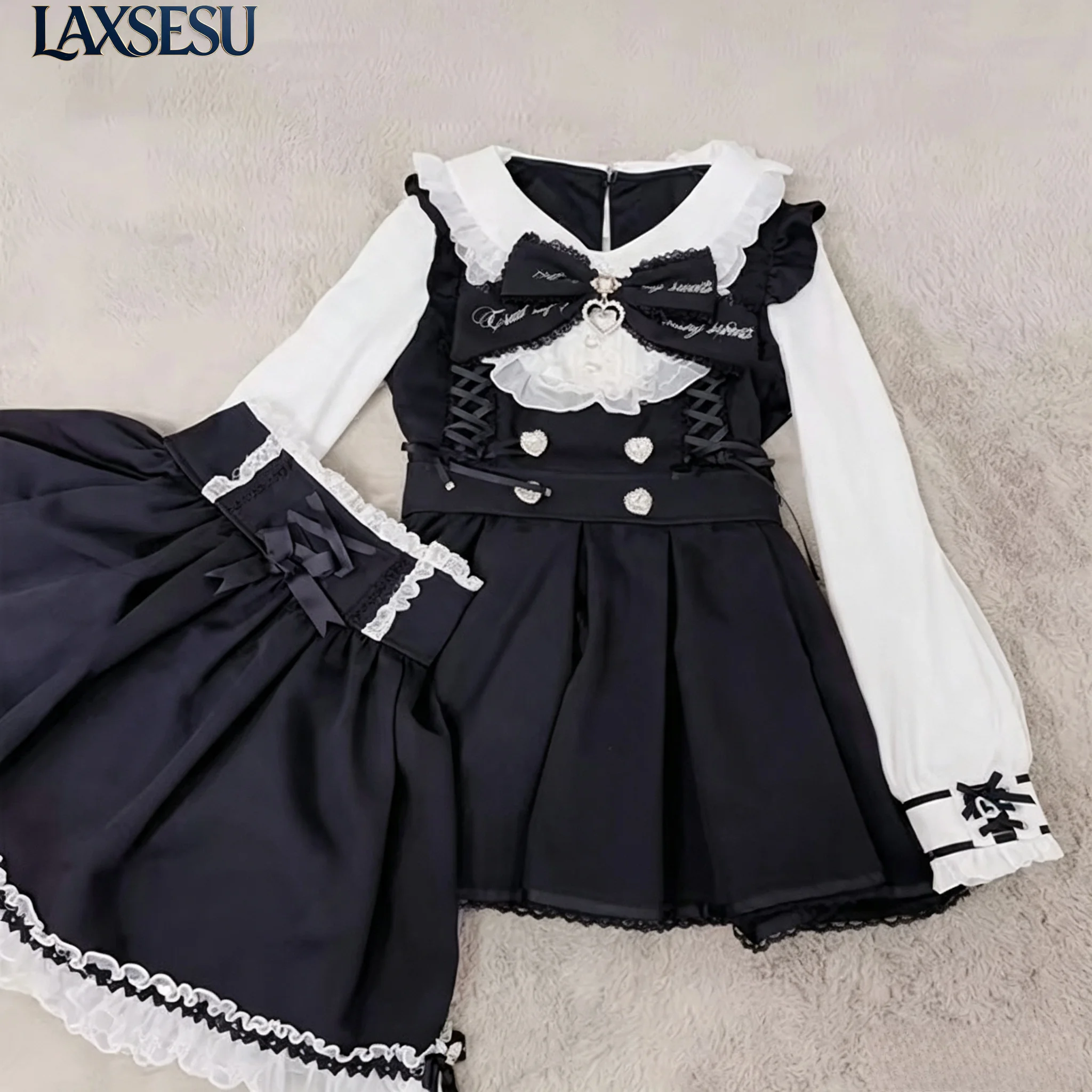 Conjuntos de 2 Piezas para Mujer Liz Outfits, Estilo Dulce y Lindo, Primavera Otoño, Vestido de Manga Larga con Lazo en la Cintura, Estilo Lolita Japonés