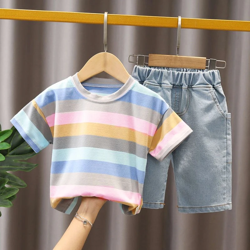 Baby Summer Trend Quality Clothes Set Children\'s Denim Shorts + Cotton Handsome T-Shirt 2-Piece Set