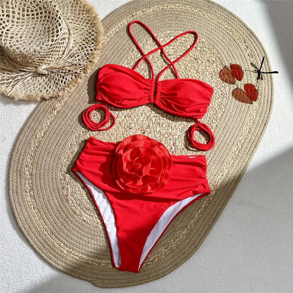 Sexy Red 3D Flower Swimwear Halter Bandeau Bikinis Sets High Wiast Swimsuit 2025 Women Ruched Bathing Suit Bikini Mujer Bather