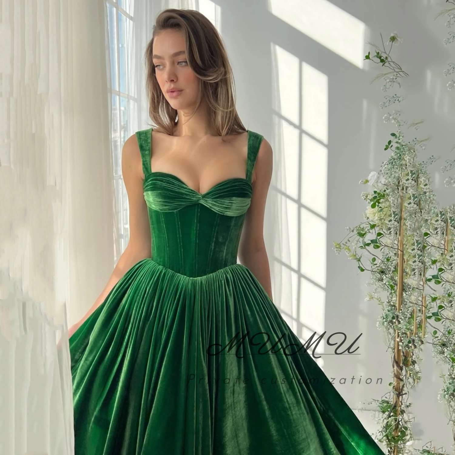 

MuMu Customized Elegant Women's Dresses for Wedding Party Платье Вечернее Women Evening Dress فساتين سهرة Green Velvet Prom Gala