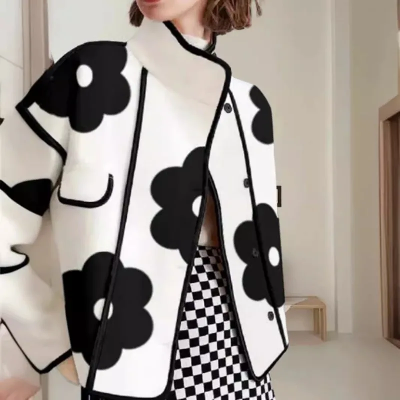 Women Jackets Spring Autumn Long Sleeves Loose Color Blocking Flower Print Slit Stand Collar Outerwear 2026 Women's Tops Coats