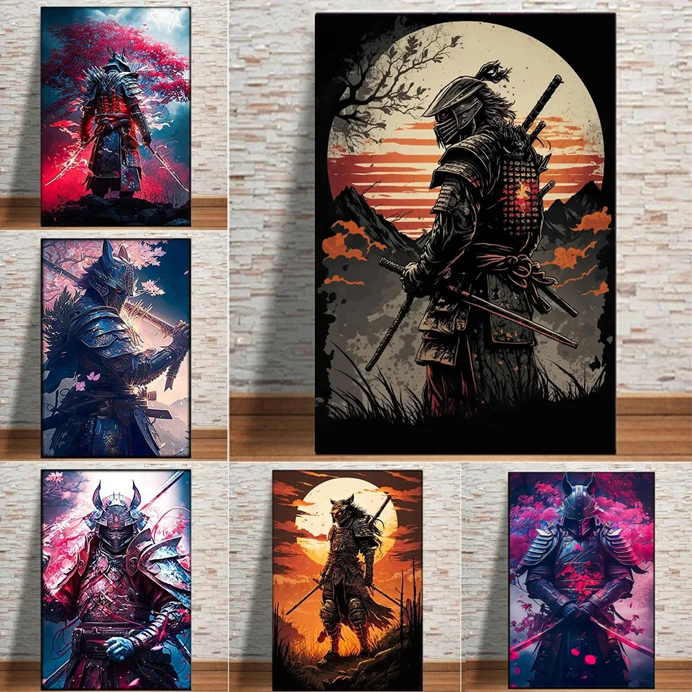 Black Samurai Cherry Blossom Samurai Figure Art Painting Wallpaper Posters and Printmaking Living Room Home Decoration Poster