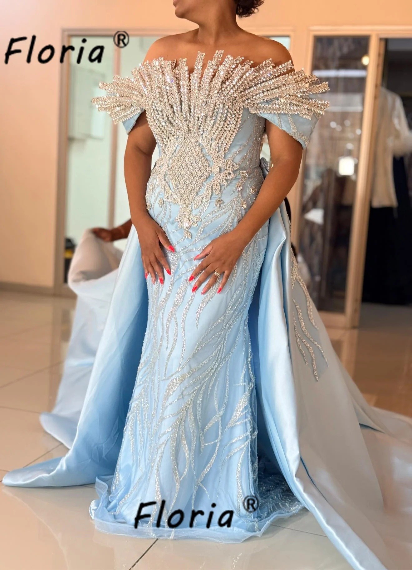 Luxury Blue Wedding Dress Beaded Crystal Appliques 3D Mermaid Bride Party Gowns Prom African Woman Customized Vestidos de Gala