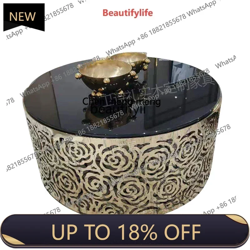 

P178 American Light Luxury round Tea Table Modern Simple Black Wave Countertop Laser Hollow Carved Coffee Table