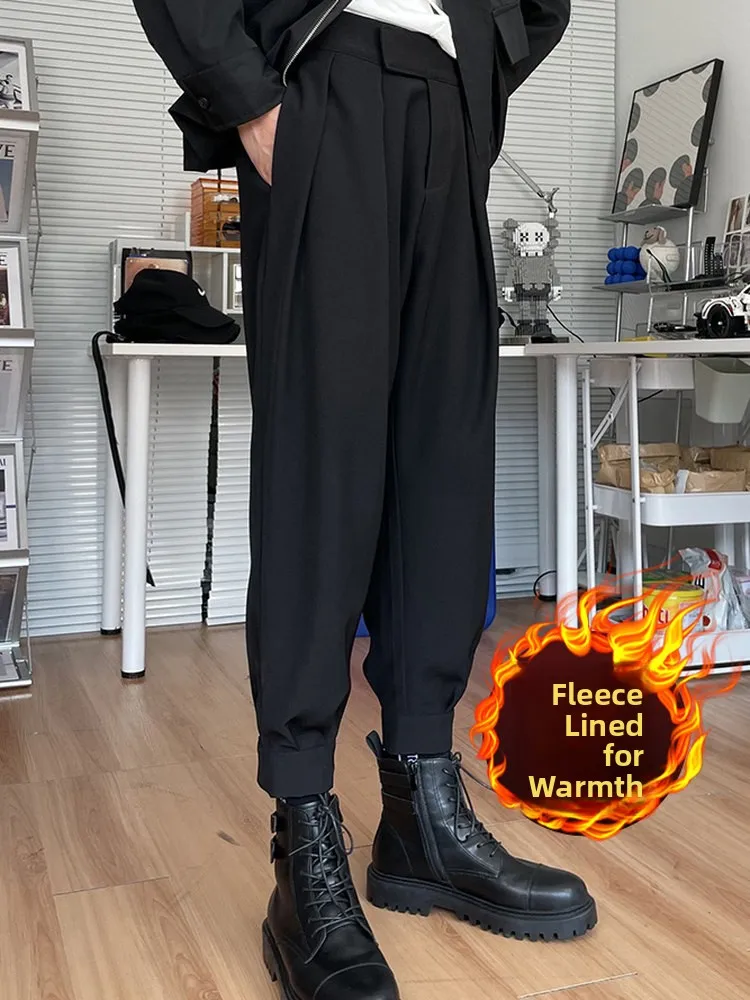 

Autumn Winter Fce Lined Cuffed Men's Casual Pants Harlan Sle Magic Tape Boot Cut Polyester Fiber Warm Straight Leg Jeans