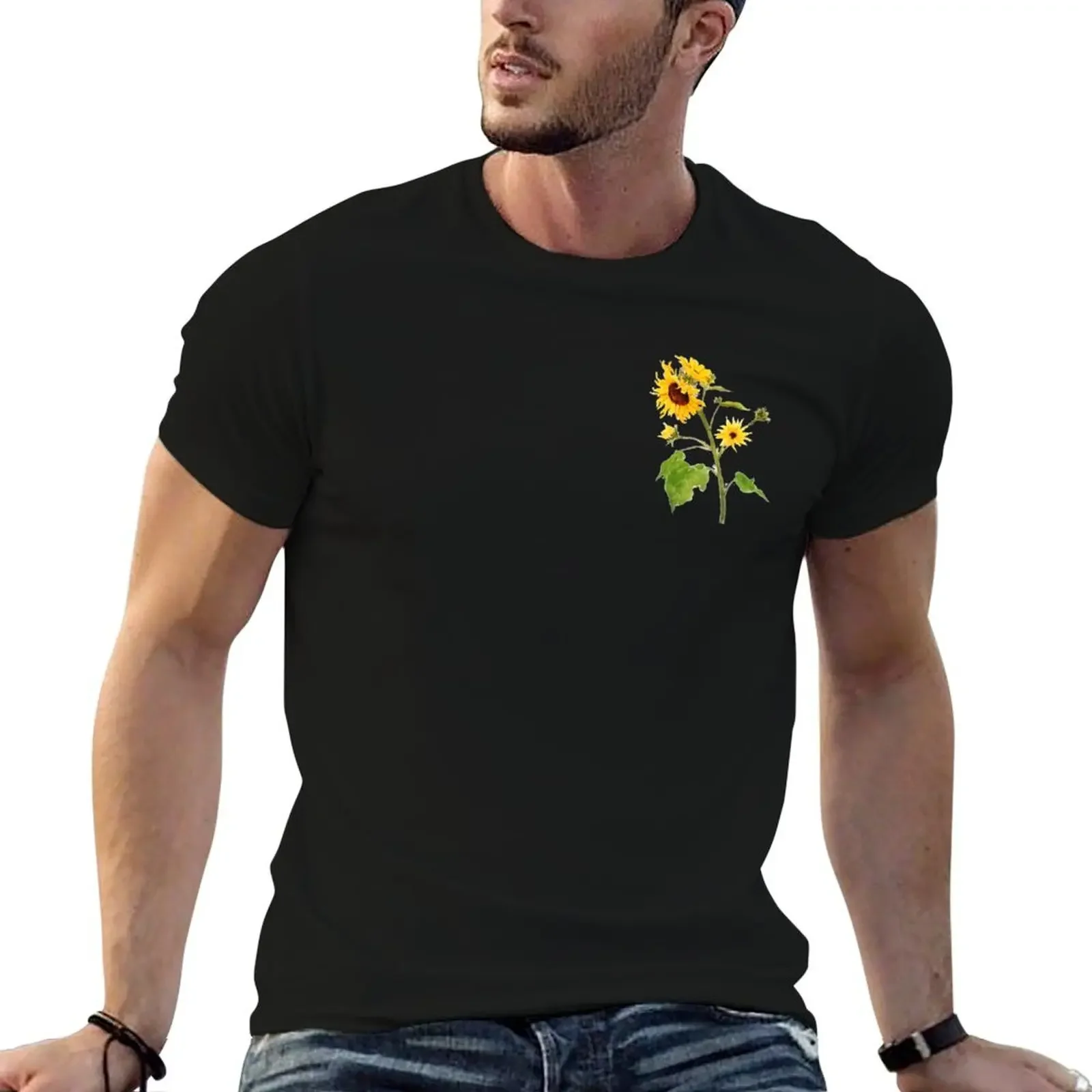 hand painted Yellow sunflower watercolor painting T-Shirt korean fashion tops mens plain t shirts