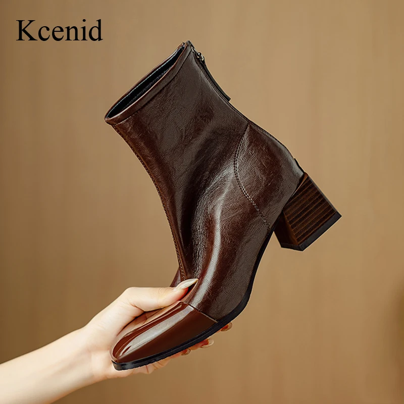 Kcenid New Splicing Square Toe Women Ankle Boots Autumn Winter 5CM Chunky Med Heel Retro Street Style Chelsea Boots Size 32-43