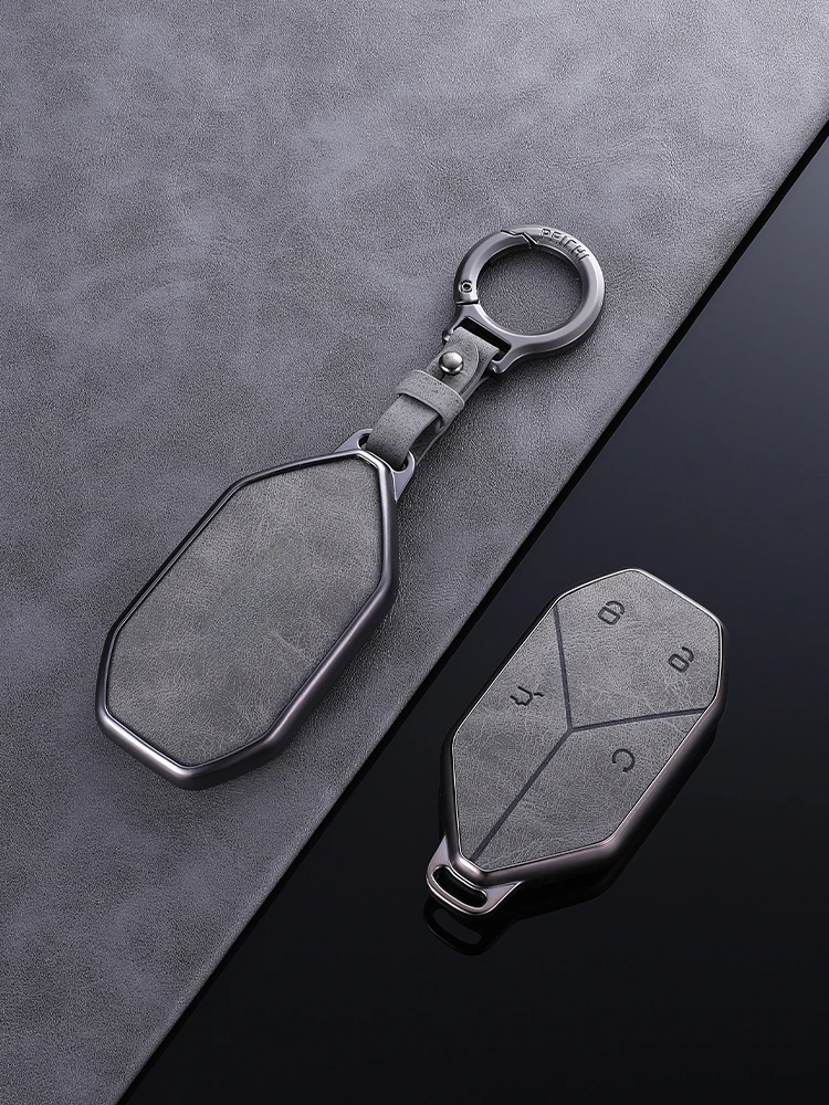 Suitable For BYD Leopard 5 2023 Simple Style Handmade Grey Leather + TPU Car Remote Key Case Cover