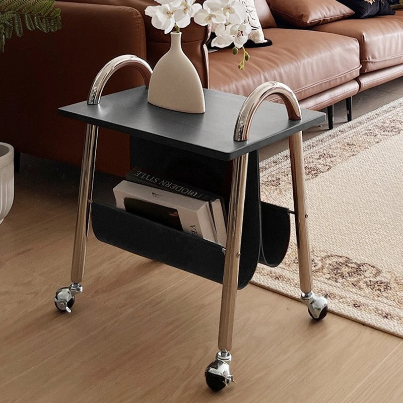 

Light luxury simple storage sofa side few multi-functional mobile small coffee table retro stainless steel trolley magazine rack