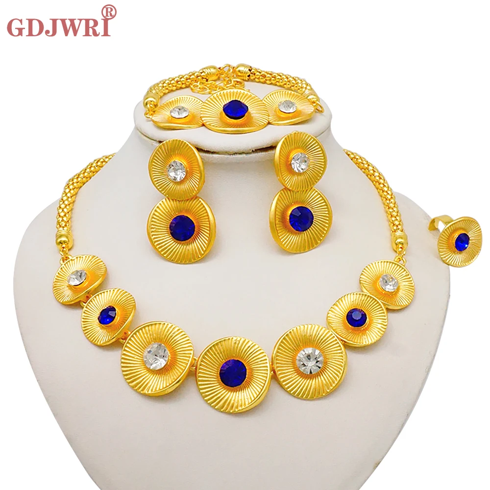 Luxus Dubai Gold Farbe Doppels chicht Halskette Schmuck Sets für Frauen afrikanischen Wasser tropfen Kristalls chmuck indischen Set Geschenke – Detail 16