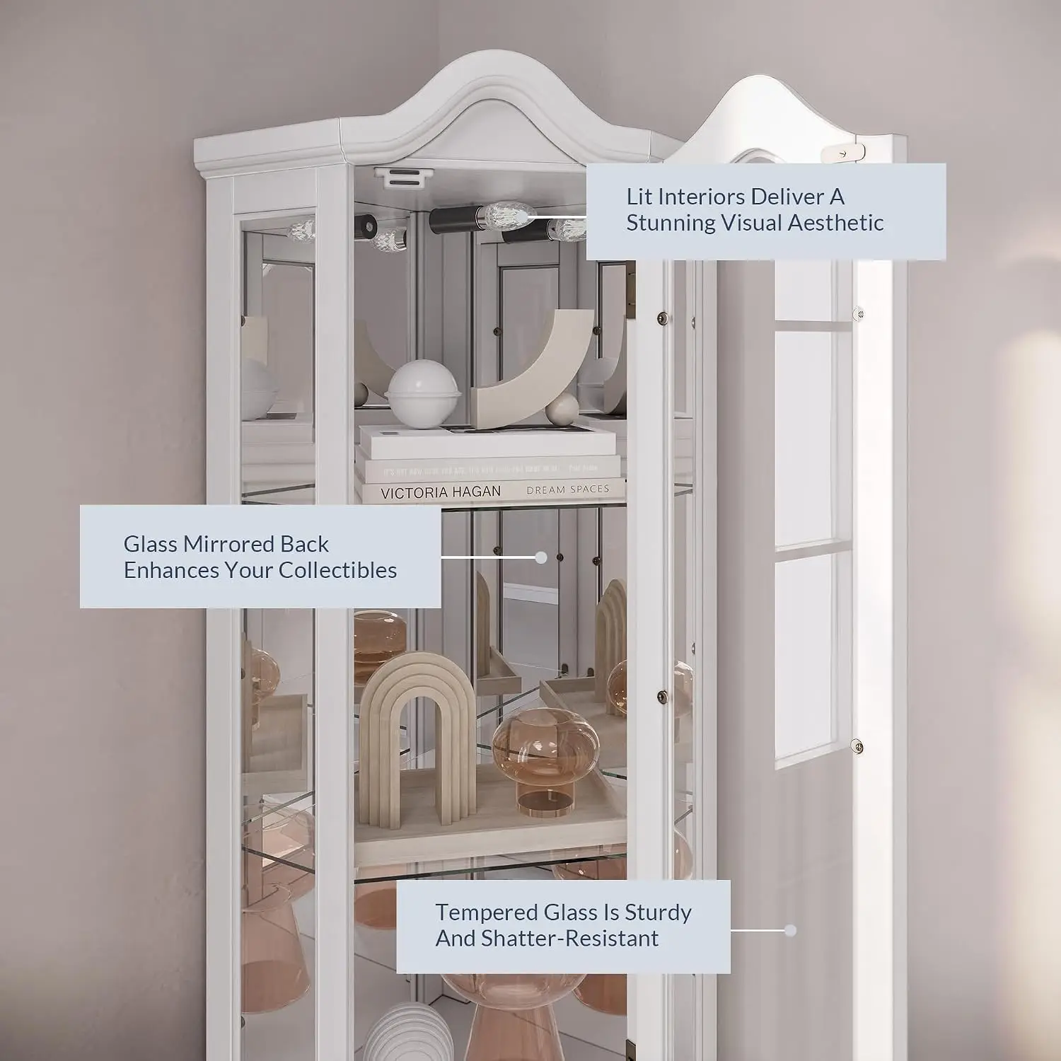 Lighted 3-Side Glass Display Curio Cabinet w/ Tempered Glass Doors and Shelves, Curved Wood Corner Cabinet with Bulb, Corner Sto