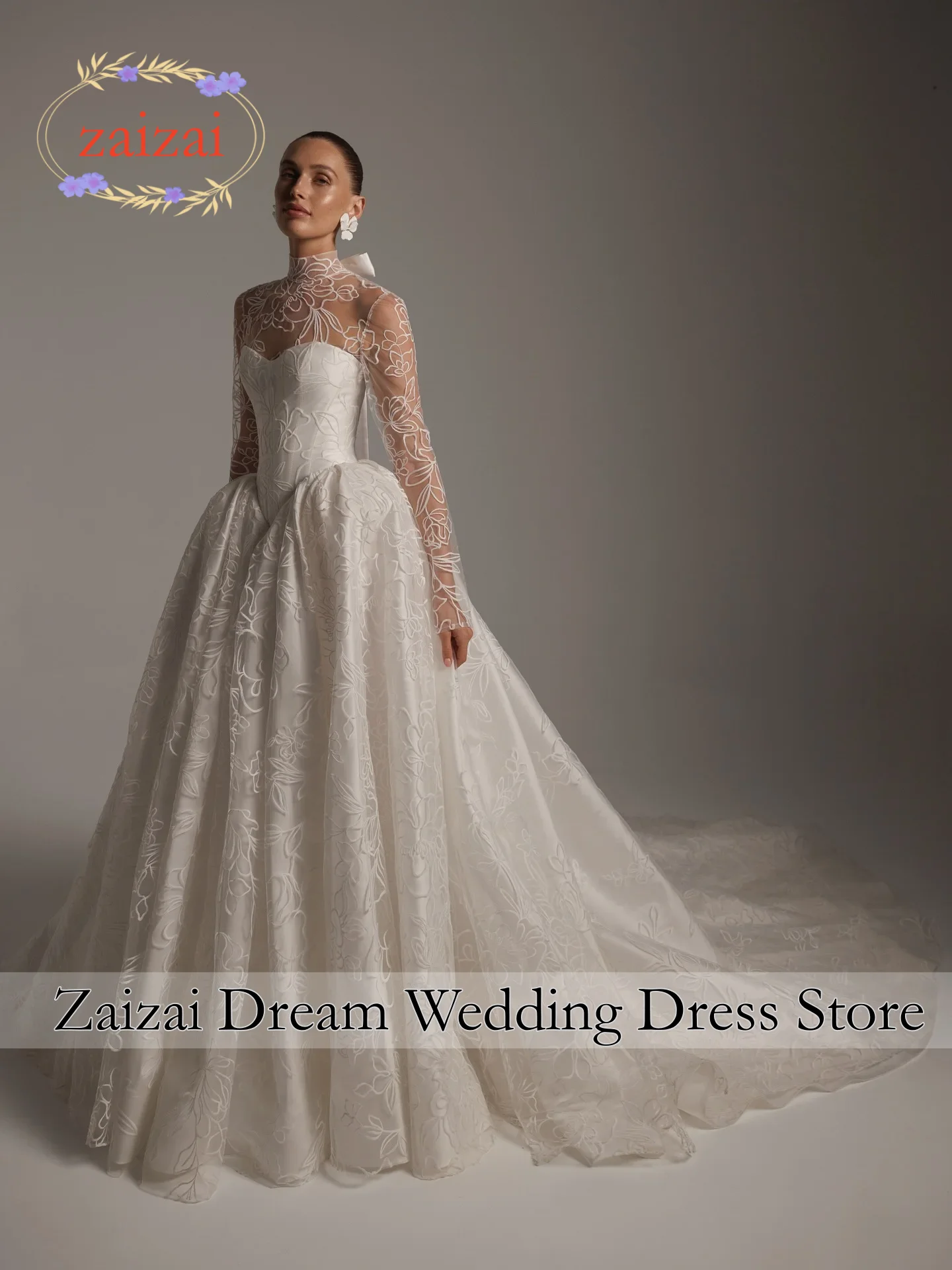 Customized Lace A-line Wedding Dresses High Neck Full Sleeves Bridal Gowns Vestidos De Novia Sweep Train Amanda Novias Official