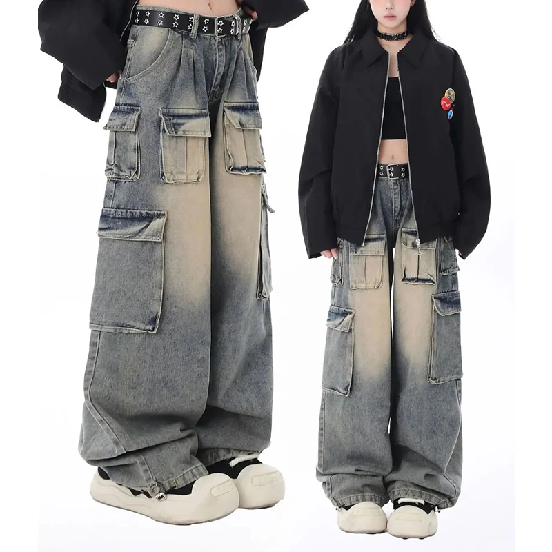 

Женские свободные джинсы-карго High Street, женские прямые джинсовые брюки с высокой талией, дизайнерские повседневные брюки для девочек