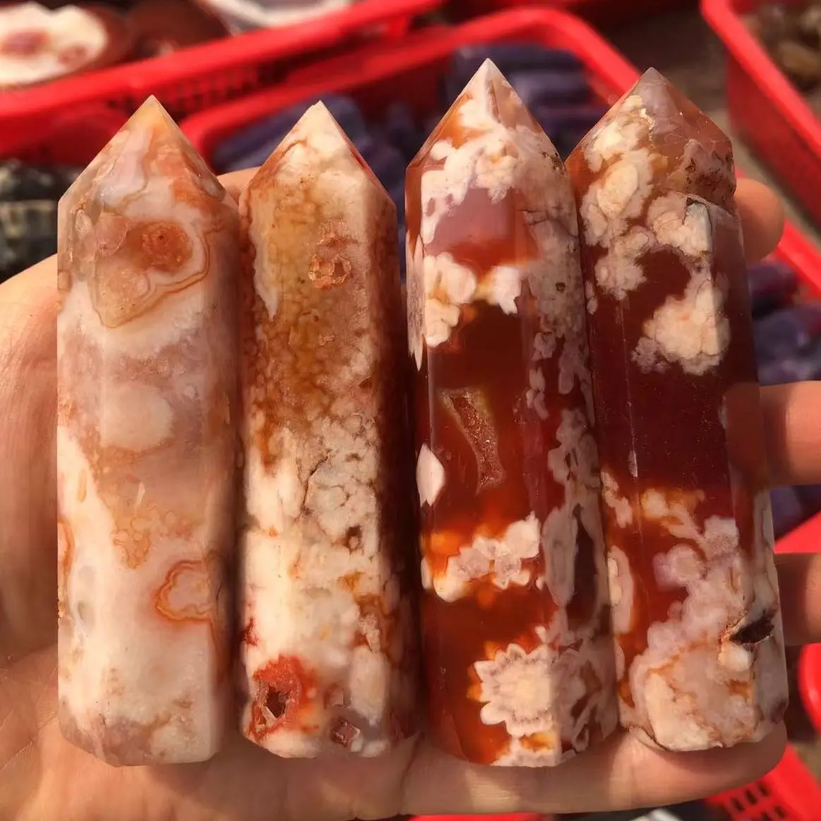 Natural Crystal Point Red Cherry Blossom Agate Healing Obelisk Quartz Wand Ornament for Home Decor Reiki Energy Stone