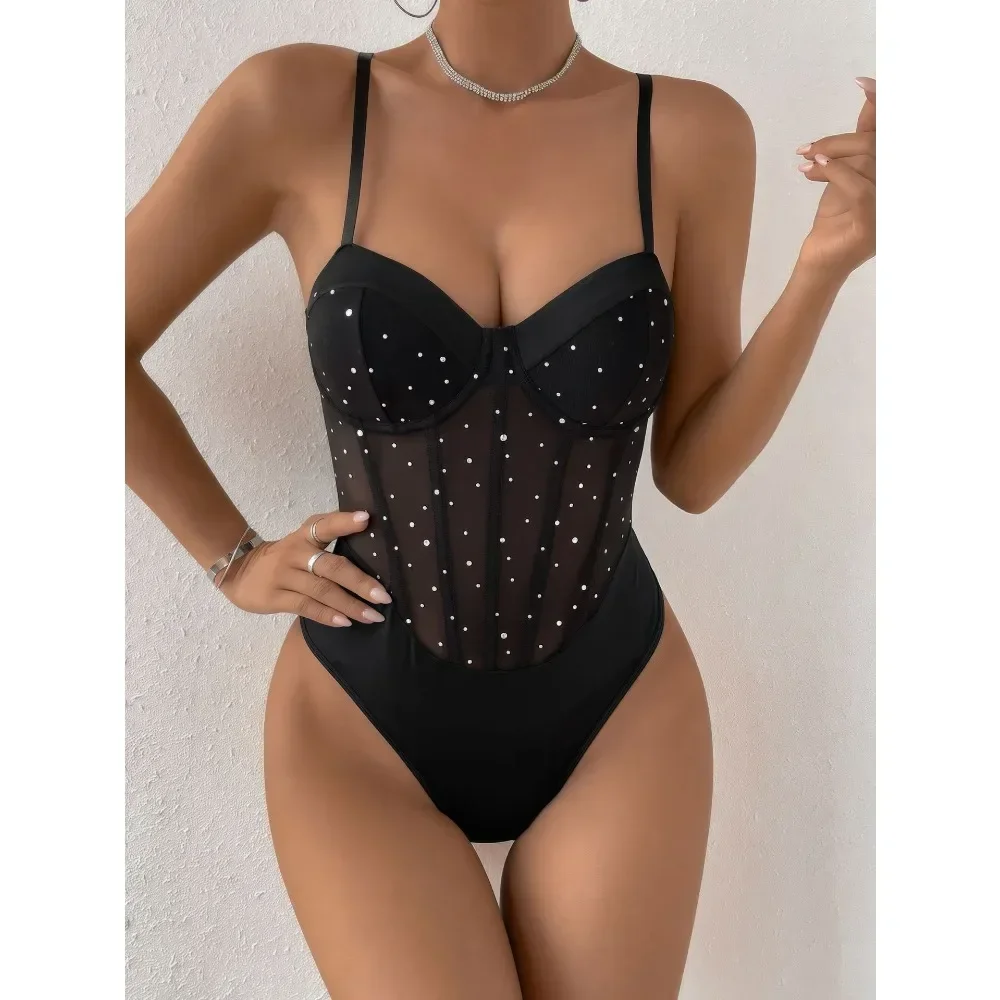 Women Sheer Mesh Bustier Bodycon Bodysuit Support Strap Night Club Streetwear Chic Ladies Lace Up Corset Rave Party Sexy