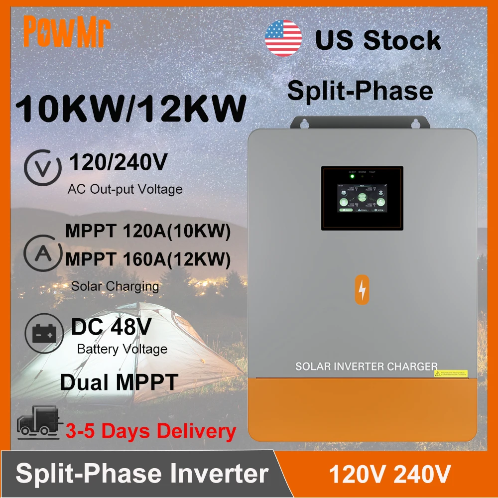 US Stock 10KW 12KW 48V Split-Phase Solar Inversor 120V 240V With 120A 160A MPPT Solar Controller Pure Sine Wave Off-Grid Home Back Up Power Fit LifePO4 Can Work Without Battery